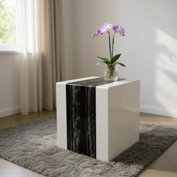 Portoro Engineered Marble Side Table – White & Black Marble Accent Table | Plant Stand & Display Pedestal