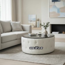 White Leather Ottoman Round Coffee Table with Black Glass Top – Chesterfield Button Style 90cm | NZ Living Room