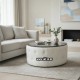 White Leather Ottoman Round Coffee Table with Black Glass Top – Chesterfield Button Style 90cm | NZ Living Room