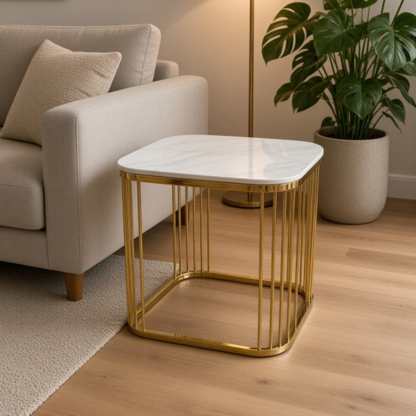 White Sintered Stone Side Table 50cm – Gold Frame