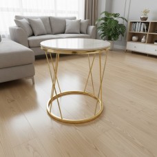  50cm Round Side Table – White Sintered Stone Top & Gold Metal Base | Modern Accent Table NZ