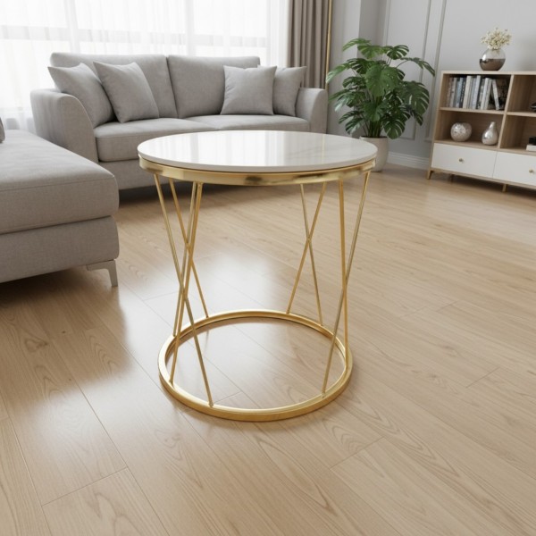  50cm Round Side Table – White Sintered Stone Top & Gold Metal Base | Modern Accent Table NZ