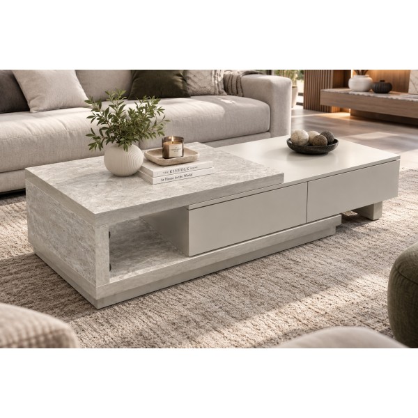 Extendable Storage Coffee Table – Light Grey Travertine Look | 128–194cm Extendable Storage Coffee Table – Light Grey Travertine Look | 128–194cm