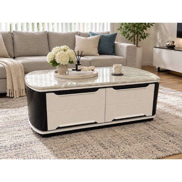 Knoll Marble Top Coffee Table with 4 Drawers – Black & White Knoll Marble Top Coffee Table with 4 Drawers – Black & White