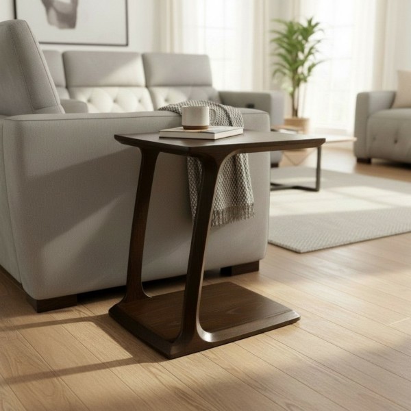 Wooden Sofa Side Table – Solid Wood C-Shaped End Table | Dark Charcoal