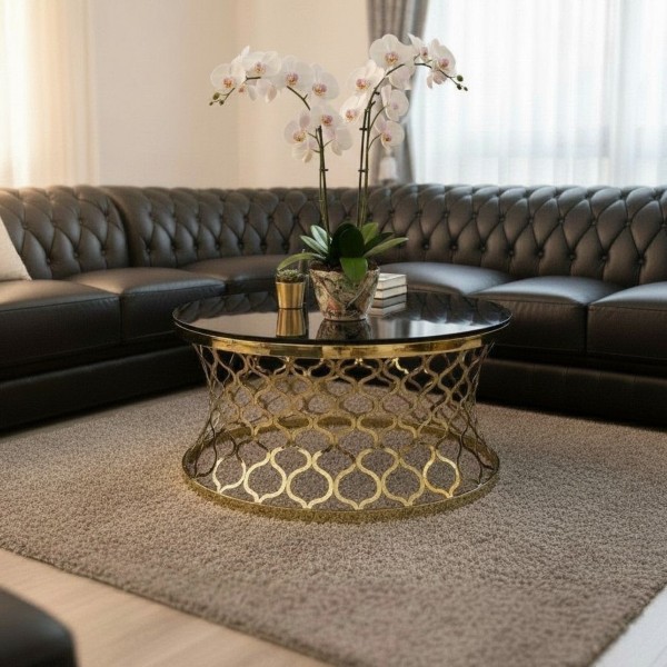 Luxury Black Tempered Glass Round Coffee Table 90cm | Stainless Steel Designer Coffee Table NZ Luxury Black Tempered Glass Round Coffee Table 90cm | Stainless Steel Designer Coffee Table NZ
