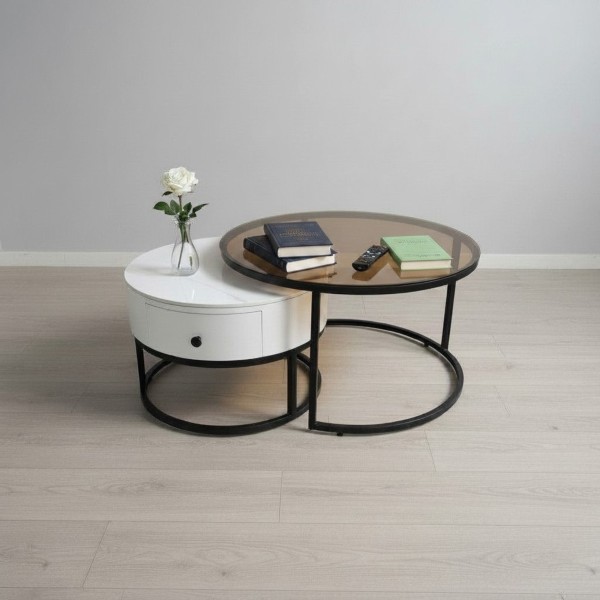 Set of 2 Nesting Round Coffee Table with Drawer – Brown Tinted Glass & White Sintered Stone Top