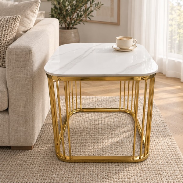 White Sintered Stone Side Table 50cm – Gold Frame