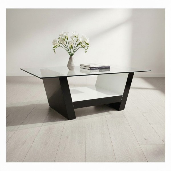 Modern 10mm Tempered Glass Coffee Table with Storage Shelf – Black & White High Gloss | 130cm