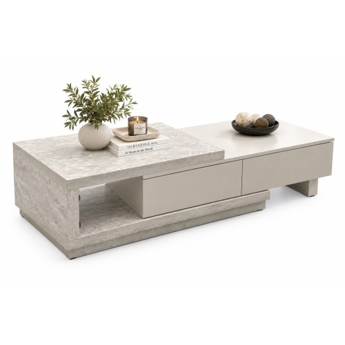 Extendable Storage Coffee Table – Light Grey Travertine Look | 128–194cm