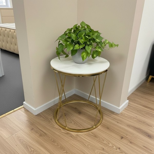50cm Round Side Table – White Sintered Stone Top & Gold Metal Base | Modern Accent Table NZ 50cm Round Side Table – White Sintered Stone Top & Gold Metal Base | Modern Accent Table NZ