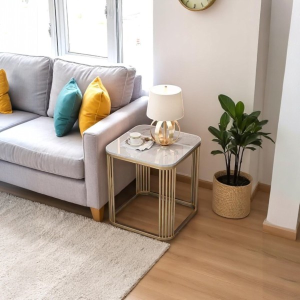 White sintered stone top Square side table 
