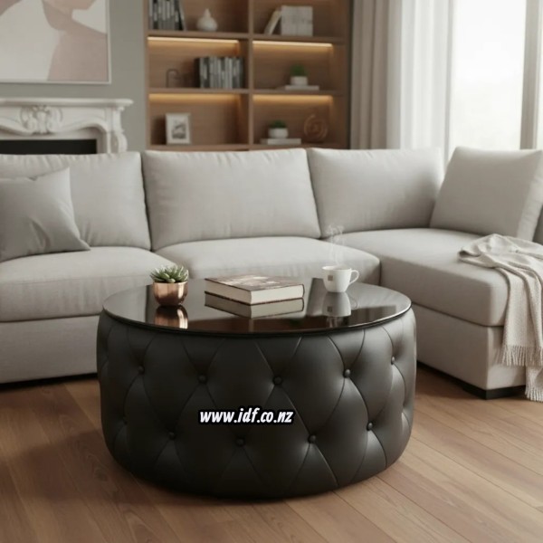 Black Leather Ottoman Round Coffee Table with Glass Top – Chesterfield Button Style 90cm | NZ Living Room