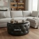 Black Leather Ottoman Round Coffee Table with Glass Top – Chesterfield Button Style 90cm | NZ Living Room