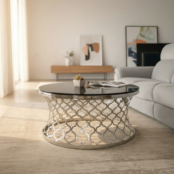 Luxury Black Tempered Glass Round Coffee Table 90cm | Stainless Steel Designer Coffee Table NZ Luxury Black Tempered Glass Round Coffee Table 90cm | Stainless Steel Designer Coffee Table NZ