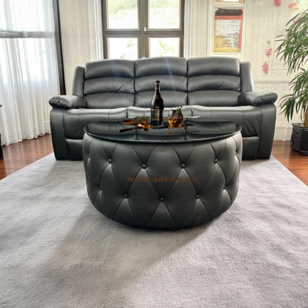 Black Leather Ottoman Round Coffee Table with Glass Top – Chesterfield Button Style 90cm | NZ Living Room