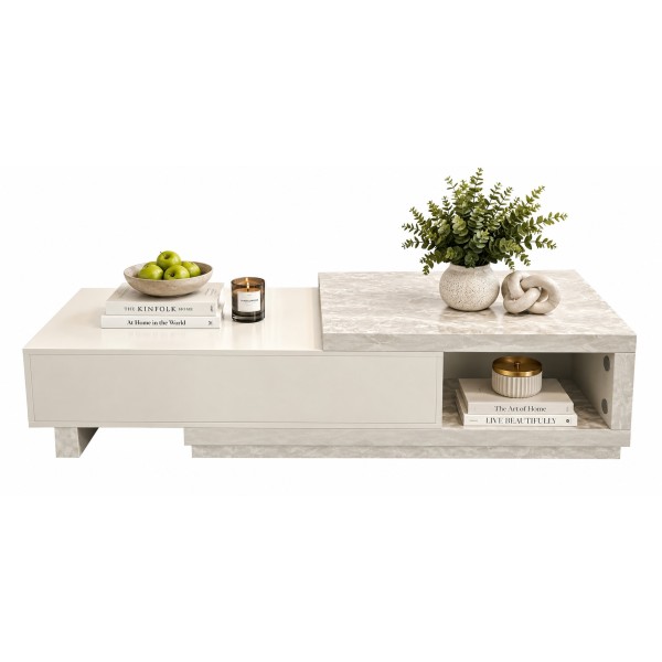 Extendable Storage Coffee Table – Light Grey Travertine Look | 128–194cm Extendable Storage Coffee Table – Light Grey Travertine Look | 128–194cm