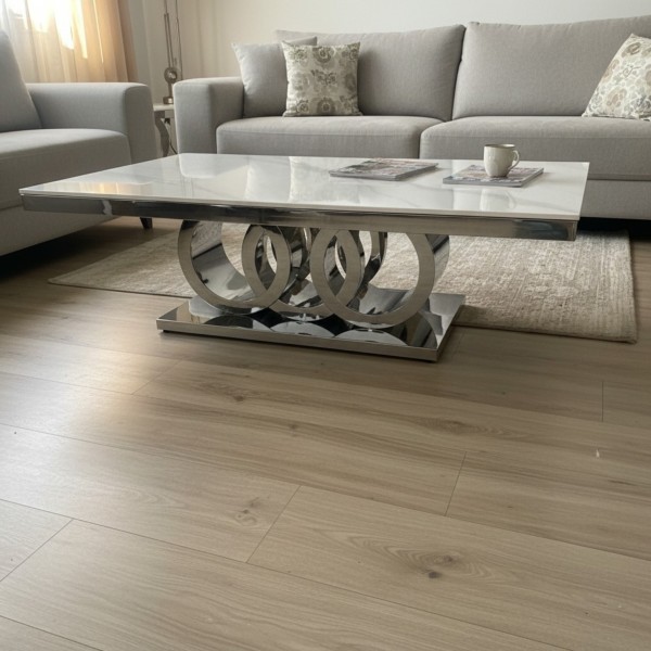 Modern White Sintered Stone Coffee Table with Mirrored Stainless Steel Base – 130cm Modern White Sintered Stone Coffee Table with Mirrored Stainless Steel Base – 130cm
