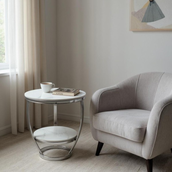 Vivary round side table -White & Silver 
