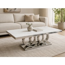 Modern White Sintered Stone Coffee Table with Mirrored Stainless Steel Base – 130cm