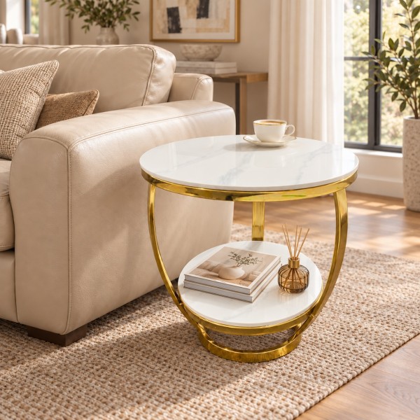 Two-Tier Round Sintered Stone Side Table – White & Gold Two-Tier Round Sintered Stone Side Table – White & Gold