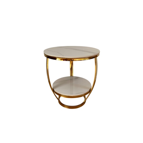 Two-Tier Round Sintered Stone Side Table – White & Gold
