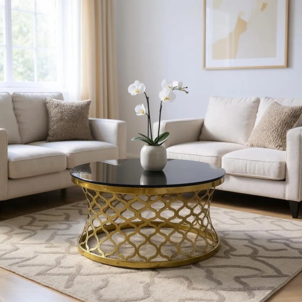 Luxury Black Tempered Glass Round Coffee Table 90cm | Stainless Steel Designer Coffee Table NZ Luxury Black Tempered Glass Round Coffee Table 90cm | Stainless Steel Designer Coffee Table NZ