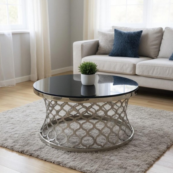 Luxury Black Tempered Glass Round Coffee Table 90cm | Stainless Steel Designer Coffee Table NZ Luxury Black Tempered Glass Round Coffee Table 90cm | Stainless Steel Designer Coffee Table NZ