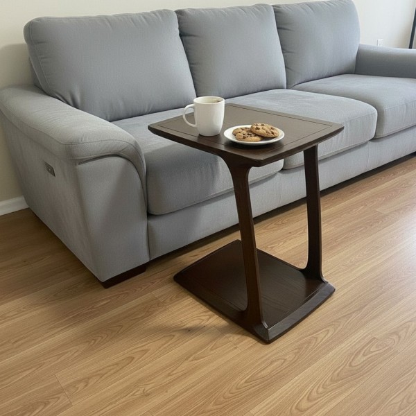Wooden Sofa Side Table – Solid Wood C-Shaped End Table | Dark Charcoal
