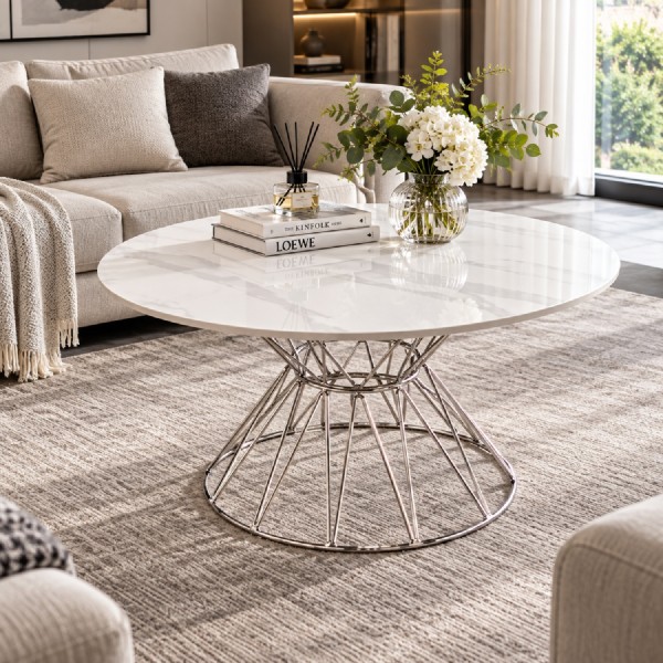 Round White Sintered Stone Coffee Table 80cm – Chrome Base Round White Sintered Stone Coffee Table 80cm – Chrome Base
