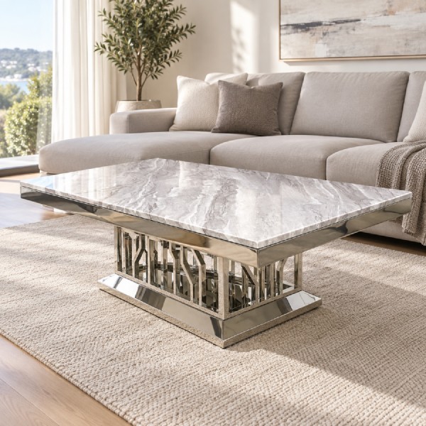 Streak Grey Marble Top Coffee Table – Stainless Steel Base Luxury Coffee Table NZ (130cm) Streak Grey Marble Top Coffee Table – Stainless Steel Base Luxury Coffee Table NZ (130cm)
