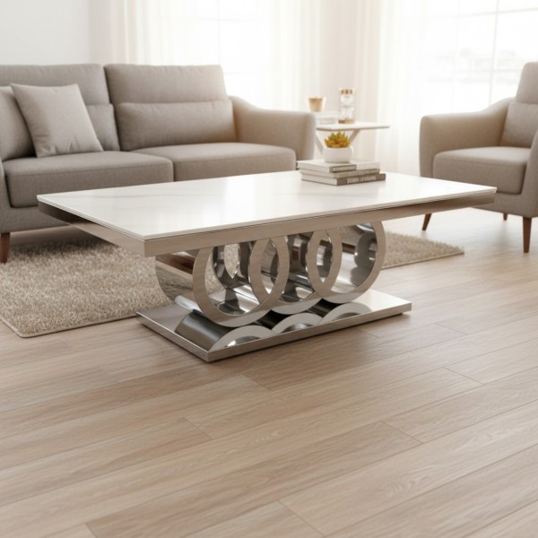 Modern White Sintered Stone Coffee Table with Mirrored Stainless Steel Base – 130cm Modern White Sintered Stone Coffee Table with Mirrored Stainless Steel Base – 130cm