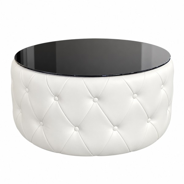 Luxury White Leather Ottoman Round Coffee Table with Black Glass Top – 90cm Chesterfield Style NZ