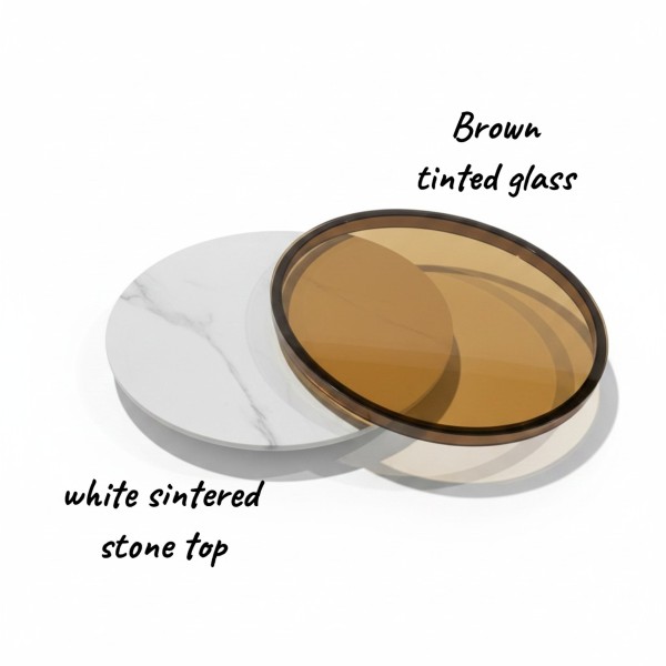 Set of 2 Nesting Round Coffee Table with Drawer – Brown Tinted Glass & White Sintered Stone Top Set of 2 Nesting Round Coffee Table with Drawer – Brown Tinted Glass & White Sintered Stone Top