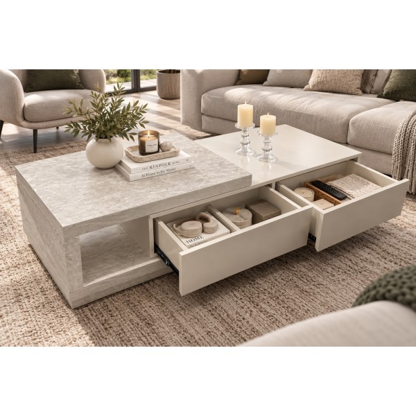 Extendable Storage Coffee Table – Light Grey Travertine Look | 128–194cm Extendable Storage Coffee Table – Light Grey Travertine Look | 128–194cm