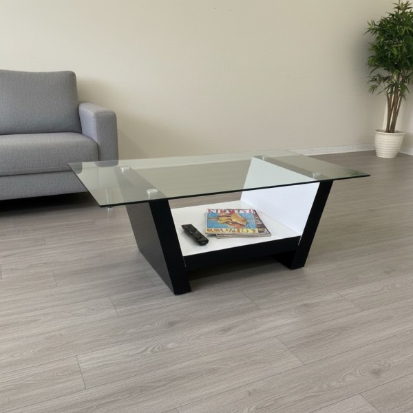 Modern 10mm Tempered Glass Coffee Table with Storage Shelf – Black & White High Gloss | 130cm Modern 10mm Tempered Glass Coffee Table with Storage Shelf – Black & White High Gloss | 130cm