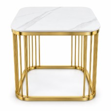 White Sintered Stone Side Table 50cm – Gold Frame
