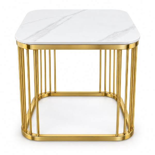 White Sintered Stone Side Table 50cm – Gold Frame