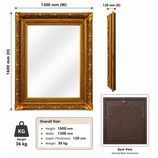 Versailles Large Gold Frame Mirror 160 × 130cm – Antique Gold Ornate Wall Mirror