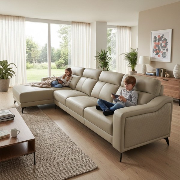 Light Beige L-Shape Corner Sofa with Chaise – 4-Seater Modern Fabric Lounge | NZ Living Room Sofa 340cm