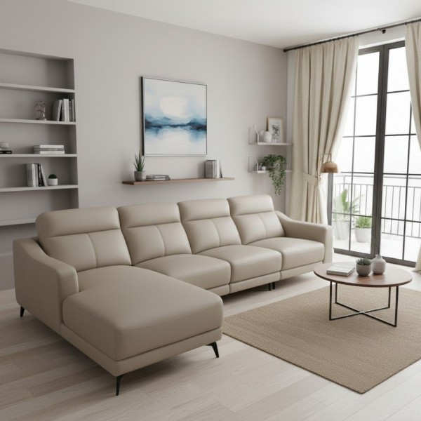 Light Beige L-Shape Corner Sofa with Chaise – 4-Seater Modern Fabric Lounge | NZ Living Room Sofa 340cm