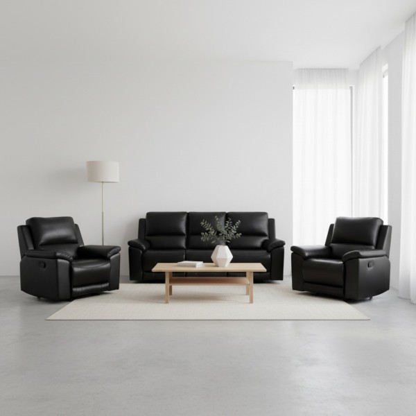 Alamo Genuine Leather Recliner Suite 3+1+1 Black Manual Lounge Suite NZ