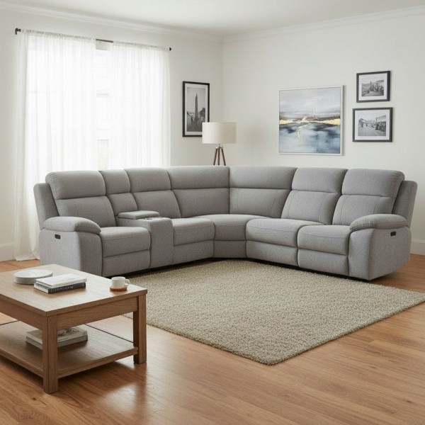 Luxury Grey Chenille Electric Corner Recliner Sofa with USB & Storage Console | 5 Seater Recliner Lounge Suite NZ