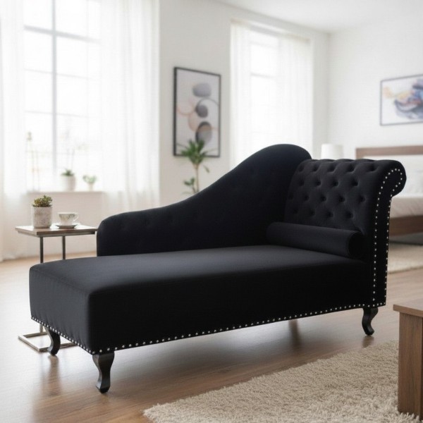 Luxury Black Velvet Chaise Lounge Day Bed – Button Tufted High Back | NZ Living Room Sofa