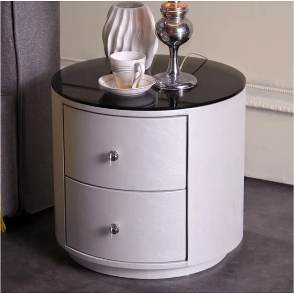 Glass top round bedside table 