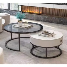 Glass & stone top round nesting coffee table 