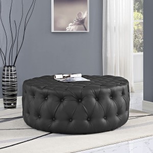 Black leather round ottoman 
